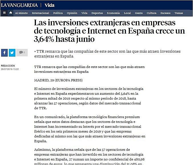 Las inversiones extranjeras en empresas de tecnologa e Internet en Espaa crece un 3,64% hasta junio